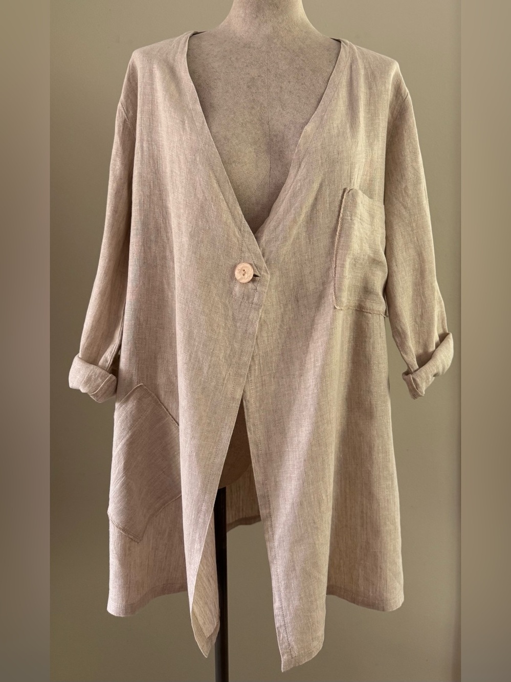 Beige Natural Linen Oversize Summer Jacket Linda Lundstrom 90s Lagenlook Size 8